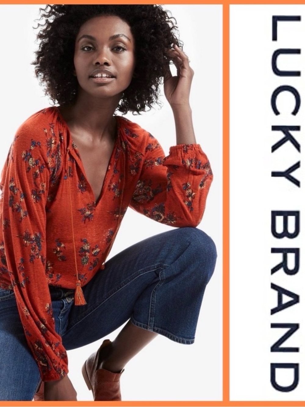 Lucky Brand Orange Floral V-Neck Tasseled Peasant Blouse